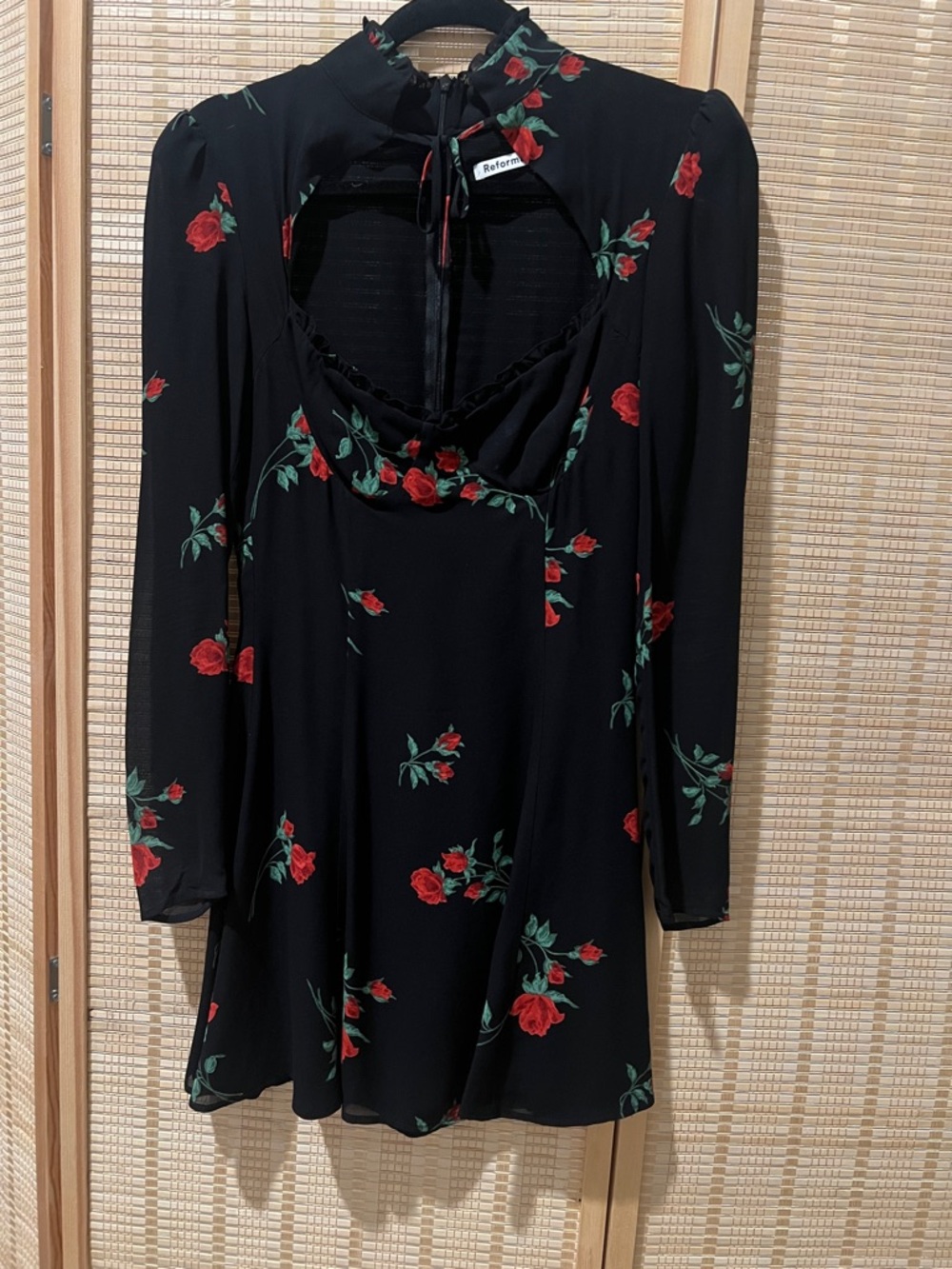 Reformation Black Mini Dress with Red Rose Print